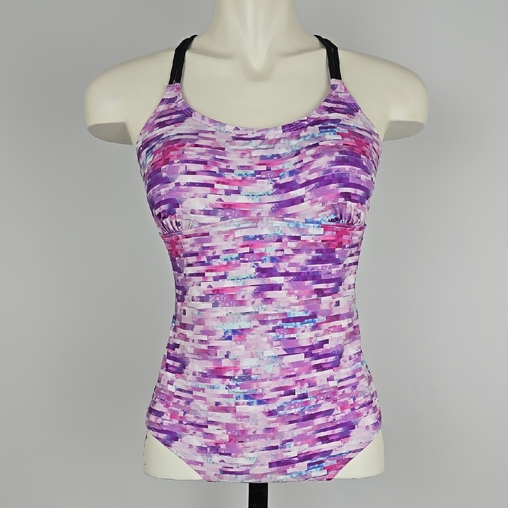 Athletic Works Girls One Piece Swimsuit Purple Pink Criss Cross Straps Size 14